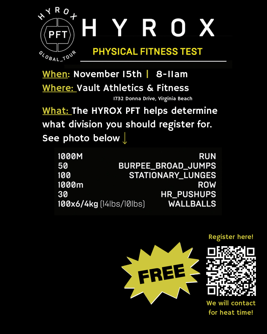 HYROX Physical Fitness Test flyer showing event details and free registration QR code.